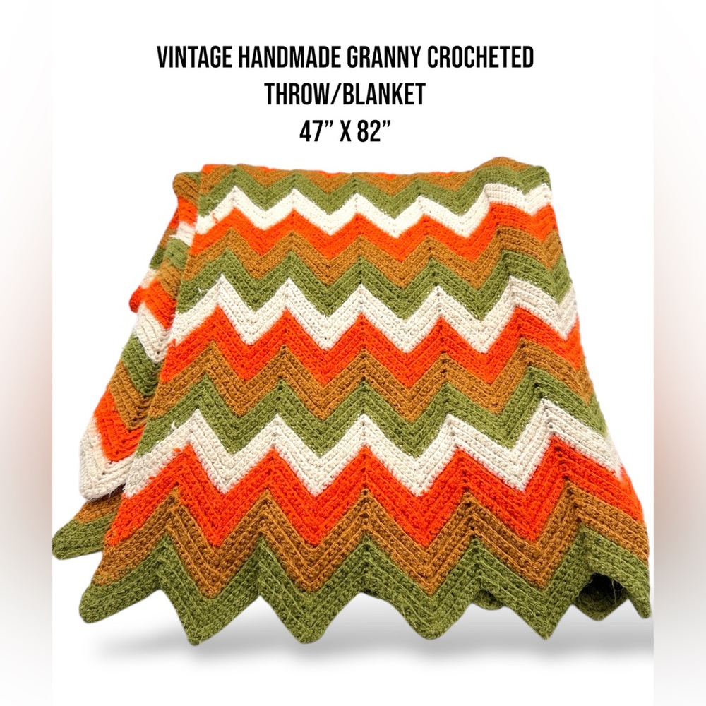 Vintage Handmade Granny 47”x82”Crocheted Zigzag Blanket Green Orange White